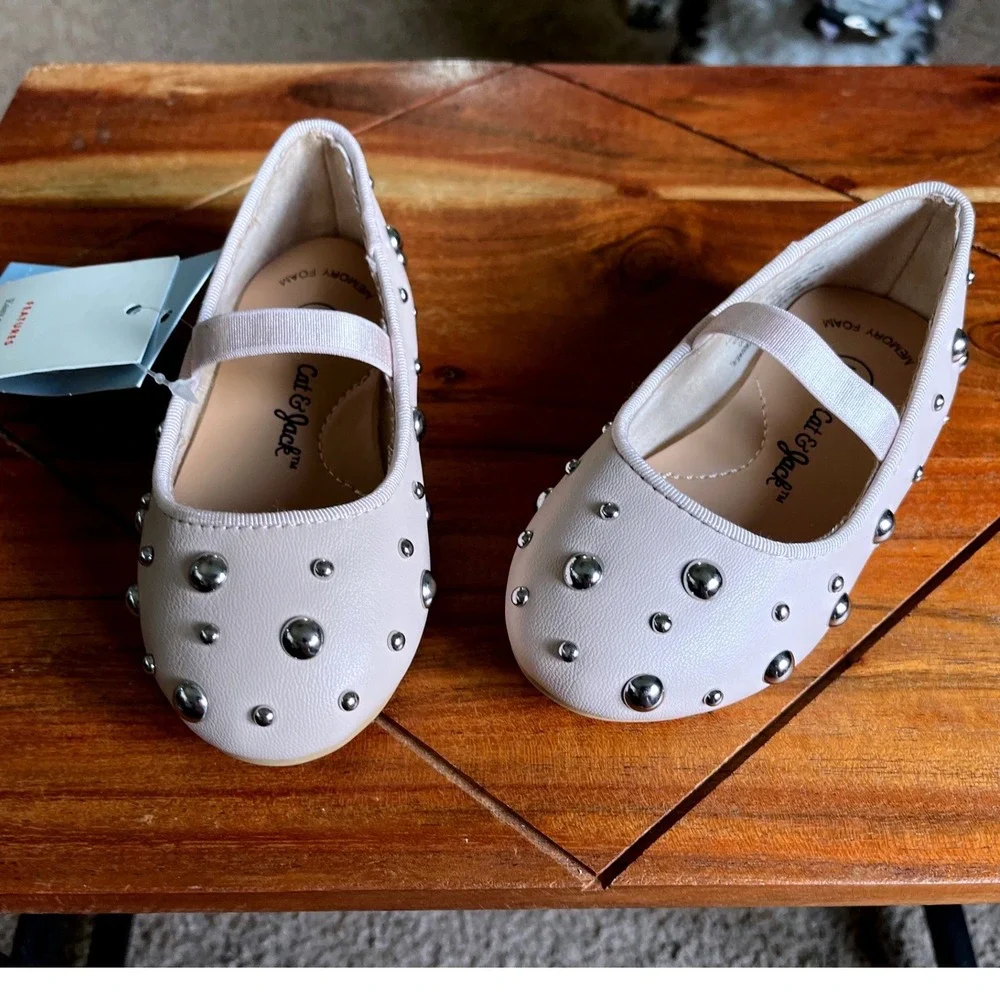 Cat & Jack Heather Pink Studded Ballet Flats Mary Jane Shoes Kids Size 6 NWT
